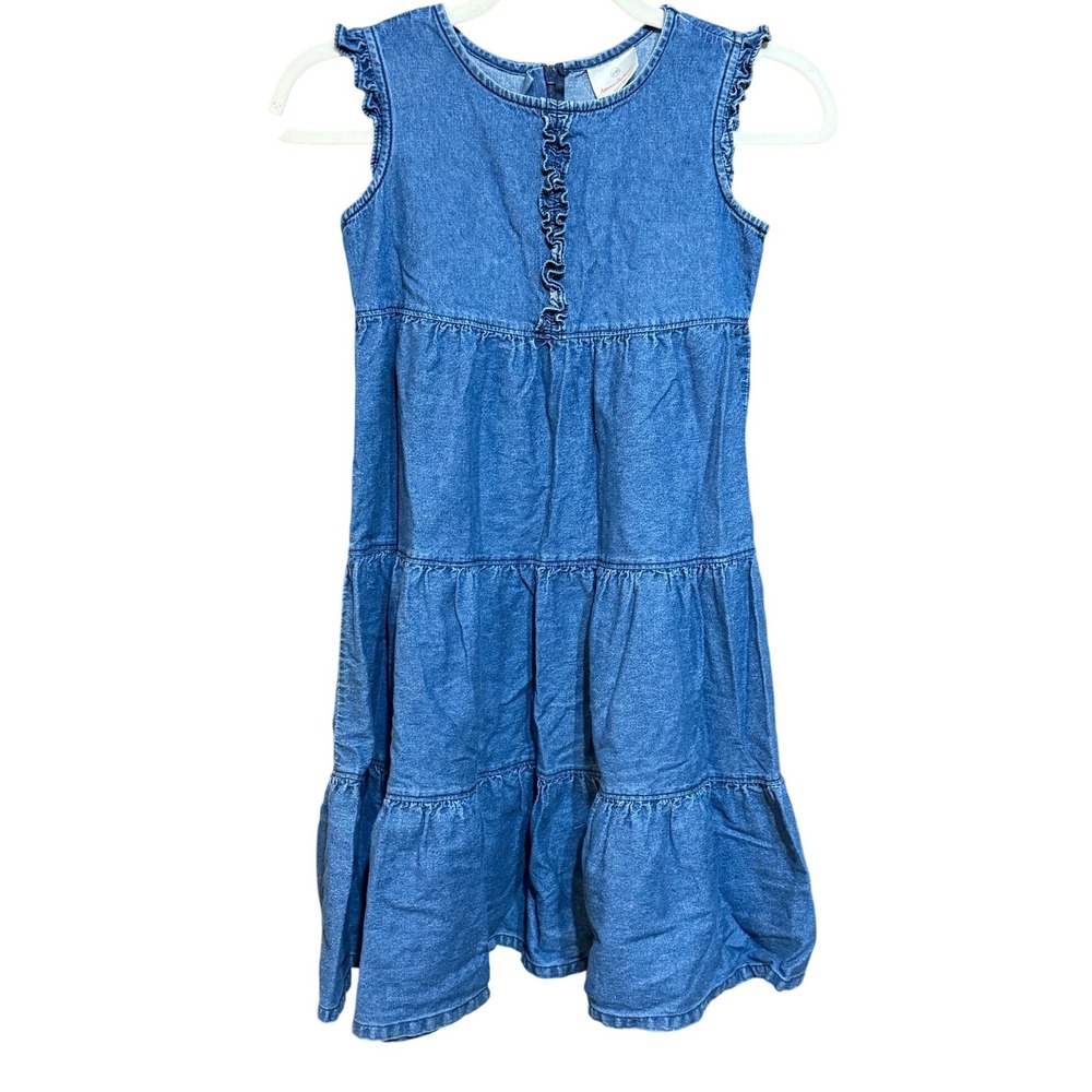 Hanna Andersson Girls Blue Denim Tiered Ruffle Sleeveless Dress Size 130 US 8-10